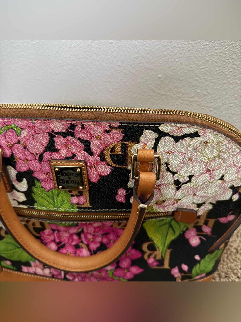 Dooney & Bourke Black Monogramed Hydrangea Domed Zip Satchel With Tan Trim - Picture 7 of 8